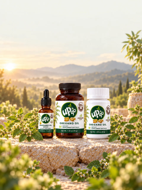 Aceite de orégano mexicano UP&GO en gotas y cápsulas con paisaje natural al amanecer