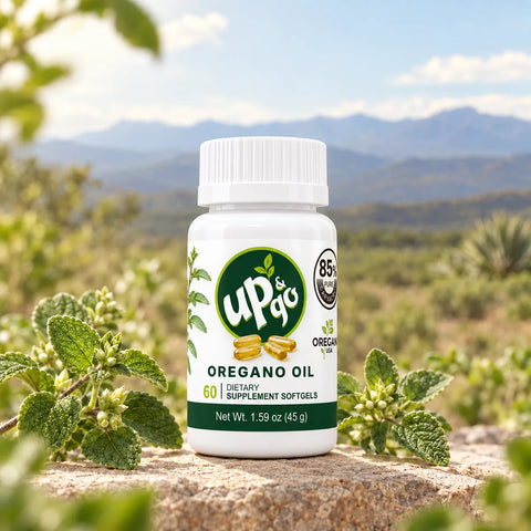 Cápsulas de aceite de orégano UP&GO en frasco de plástico