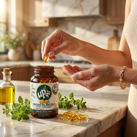 Mujer tomando una cápsula blanda de Aceite de Orégano OreganicUSA junto a un frasco de vidrio ámbar de 60 softgels con 85% de carvacrol