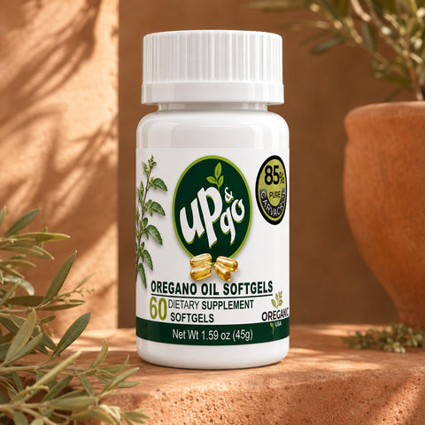 Frasco plástico blanco con 60 cápsulas de Aceite de Orégano OreganicUSA, 85% de carvacrol y etiqueta frontal sobre fondo natural