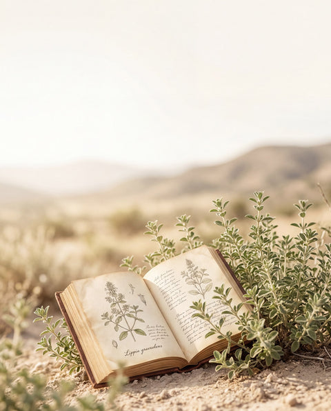 Plantas silvestres de Lippia graveolens en un entorno natural de Durango, México, con elementos botánicos e históricos que representan el origen del aceite de orégano.