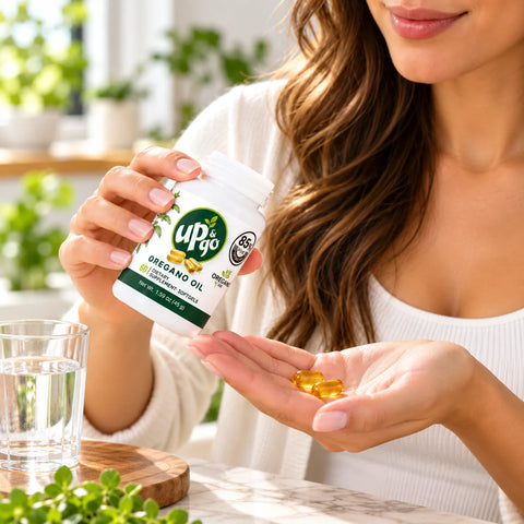 Woman using Mexican oregano oil capsules as part of a daily wellness routine