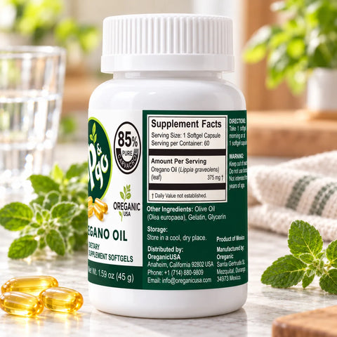 Supplement Facts panel for Mexican oregano oil capsules, 375 mg per softgel