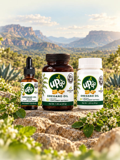 UP&GO Mexican oregano oil drops and capsules with a natural landscape