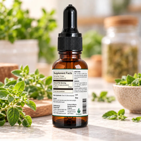 Supplement Facts label for Mexican wild oregano oil drops with Lippia graveolens, 375 mg per serving