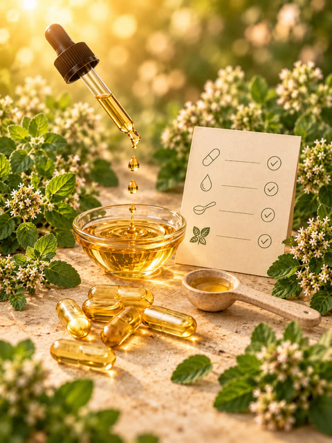 Oregano oil with drops, capsules, and visual elements representing dosage instructions, recipes, and natural use.