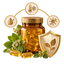 Illustration of oregano oil storage and quality with capsules, jar, and protective symbols.