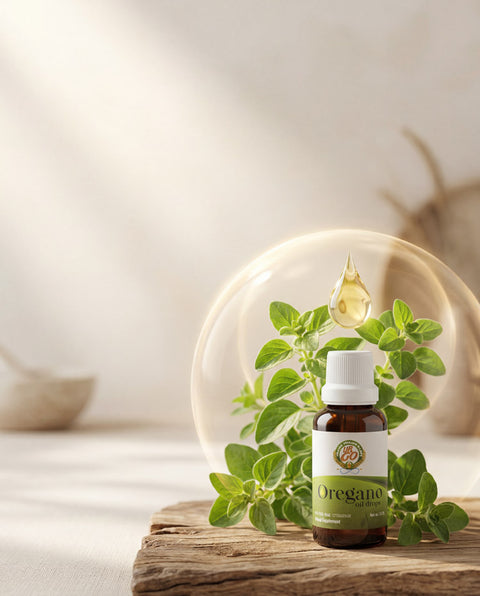 Hojas de orégano y una escena botánica elegante con un efecto visual de protección que representa la relación entre el aceite de orégano y el sistema inmunológico.