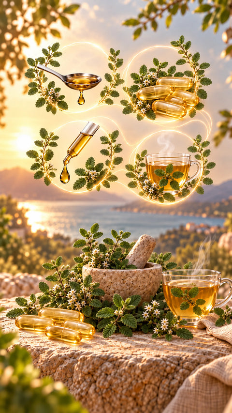 Mexican oregano with capsules, liquid oil drops, dosage, and herbal preparations.