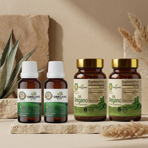 Kit Doble de Aceite de Orégano con 2 botellas líquidas y 2 botellas de cápsulas.