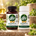 Cápsulas de aceite de orégano OreganicUSA con 85% de carvacrol en frascos ámbar y plástico.