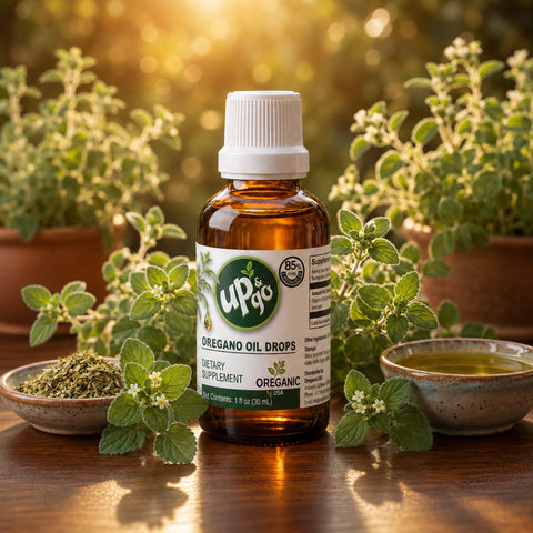 Frasco de Aceite de Orégano líquido OreganicUSA visto por detrás, con etiqueta informativa, hojas de orégano y luz cálida al atardecer
