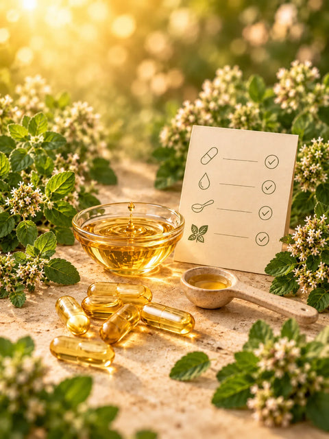 Aceite de orégano con gotas, cápsulas y elementos visuales de dosis e instrucciones, recetas y uso natural.
