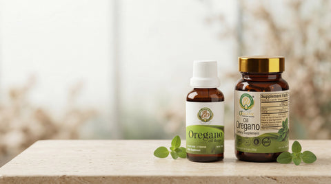 Botella de aceite de orégano OreganicUSA en una escena botánica natural y elegante con espacio limpio en la parte superior izquierda para texto.