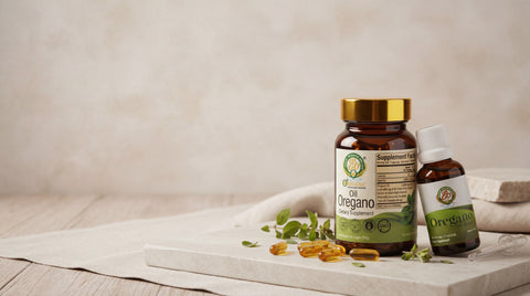 Botellas de aceite de orégano orgánico OreganicUSA en cápsulas y líquido, colocadas juntas en la esquina inferior derecha con cápsulas alrededor y hojas de orégano.