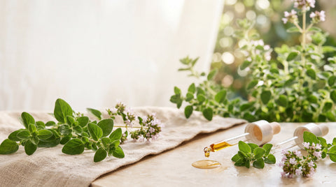Hojas frescas de orégano y elementos botánicos en una escena natural y elegante que representa la pureza y las propiedades del aceite de orégano.
