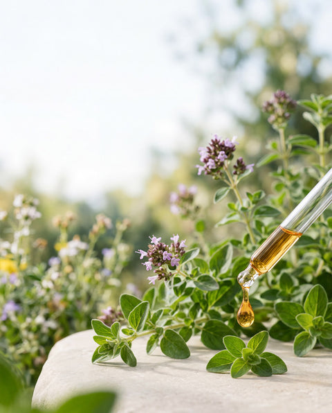 Hojas frescas de orégano y elementos botánicos en una escena natural y elegante que representa la pureza y las propiedades del aceite de orégano.