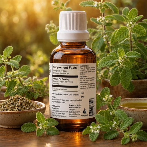 Etiqueta posterior y Supplement Facts del Aceite de Orégano líquido OreganicUSA de 1 fl oz, con ingredientes, instrucciones y código de barras