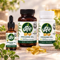Aceite de orégano OreganicUSA con gotas de 1 oz y cápsulas softgel en frascos ámbar y plástico.