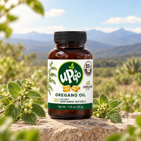 Cápsulas de aceite de orégano UP&GO en frasco de vidrio ámbar