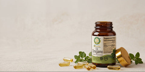 Botella de aceite de orégano OreganicUSA con cápsulas distribuidas alrededor, tapa de lado y hojas de orégano en una escena natural y limpia.