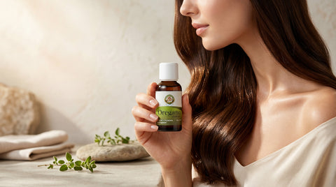 Mujer con cabello radiante y piel saludable sosteniendo una botella de aceite de orégano OreganicUSA con orifice reducer insert en una escena elegante y natural.