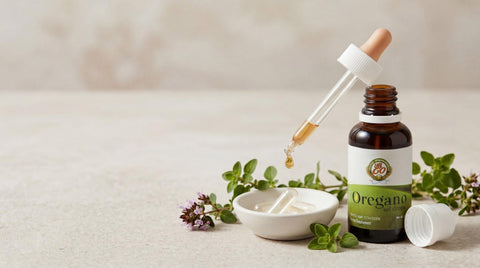 Escena realista y limpia con aceite de orégano, gotero y elementos naturales que representan dosis e instrucciones de uso responsable.