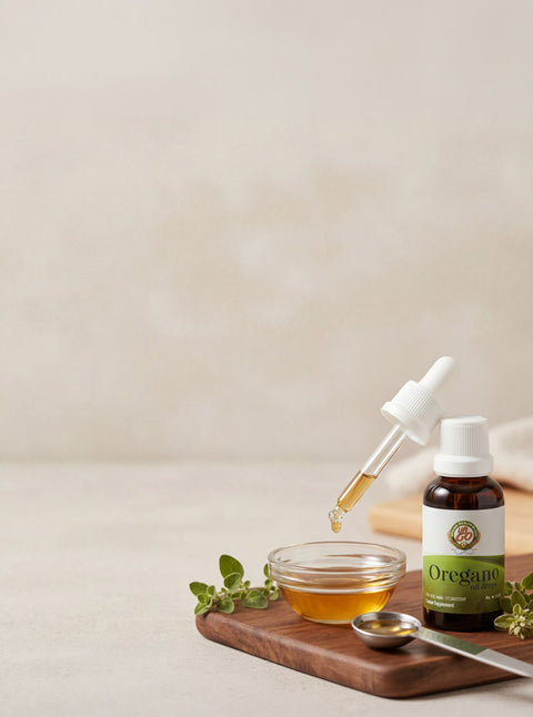 Composición realista con aceite de orégano y gotero que representa dosis e instrucciones de uso en una escena natural y simple.