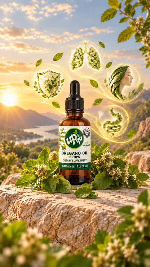 regano oil dropper bottle on a rock at sunset, surrounded by oregano leaves and visual symbols for immune, digestive, respiratory, and skin and hair wellness.