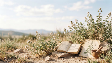 Plantas silvestres de Lippia graveolens en un entorno natural de Durango, México, con elementos botánicos e históricos que representan el origen del aceite de orégano.
