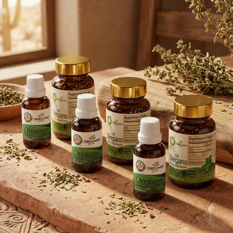 Kit Completo de Aceite de Orégano con 3 botellas líquidas y 3 botellas de cápsulas en composición diagonal.