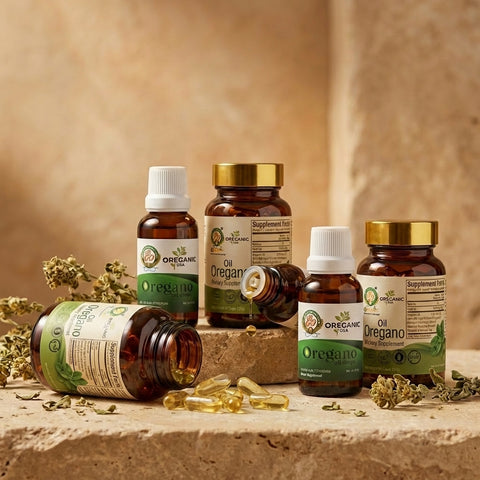 Kit Completo de Aceite de Orégano con botella de cápsulas abierta, cápsulas visibles y gotas de aceite.