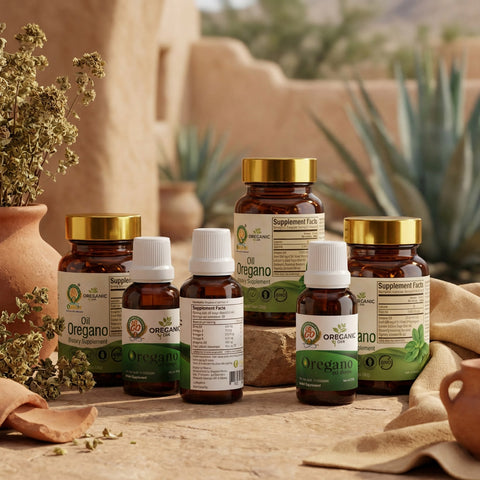 Kit Completo de Aceite de Orégano con Supplement Facts visible en botellas líquida y de cápsulas.
