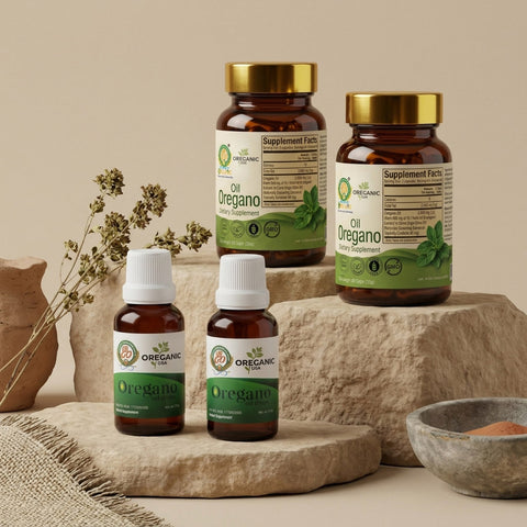 Kit Doble de Aceite de Orégano con 2 botellas líquidas y 2 botellas de cápsulas en composición diagonal.