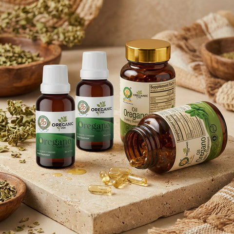 Kit Doble de Aceite de Orégano con botella de cápsulas abierta, cápsulas visibles y gotas de aceite.