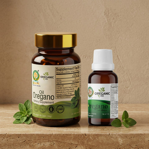 Kit Inicial de Aceite de Orégano con 1 botella líquida y 1 botella de cápsulas.