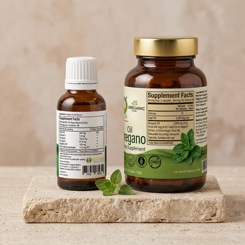 Kit Inicial de Aceite de Orégano con panel Supplement Facts visible en la botella líquida y la botella de cápsulas.