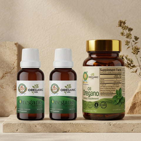Kit Mixto de Aceite de Orégano con 2 botellas líquidas y 1 botella de cápsulas.