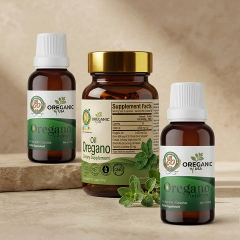 Kit Mixto de Aceite de Orégano con 2 botellas líquidas y 1 botella de cápsulas en composición diagonal.