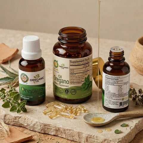 Kit Mixto de Aceite de Orégano con botella de cápsulas abierta, cápsulas visibles y gotas de aceite.
