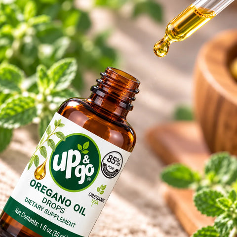 Close-up of Mexican wild oregano oil drops highlighting the 85% carvacrol label