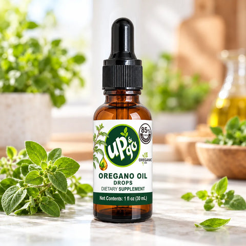 Mexican wild oregano oil drops with 85% carvacrol in a 1 oz amber glass dropper bottle