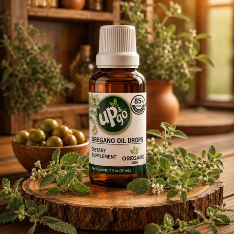 Aceite de Orégano líquido OreganicUSA de 1 fl oz con 85% de carvacrol, sobre una base de madera y rodeado de hojas de orégano
