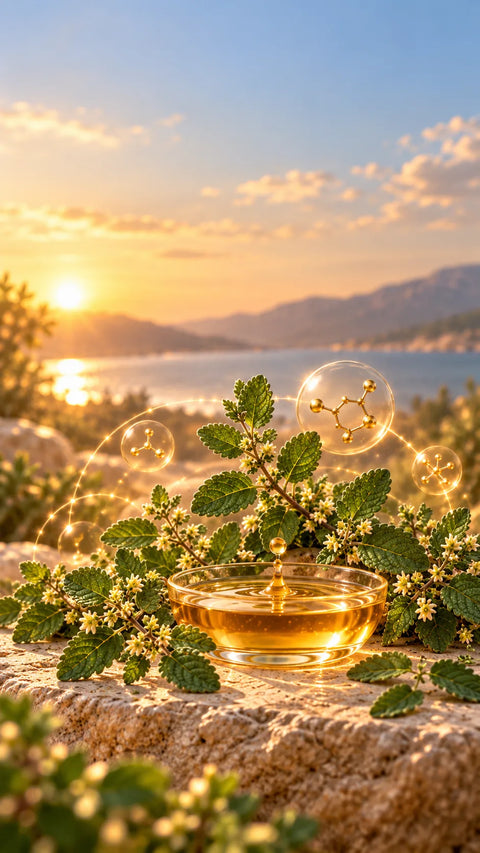 Oregano leaves with golden oil and botanical elements representing oregano oil properties.
