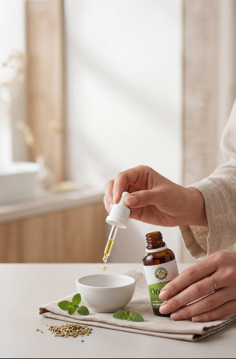 Botella de aceite de orégano OreganicUSA en una escena natural y limpia, colocada en la parte inferior con espacio libre arriba para texto sobre usos del producto.
