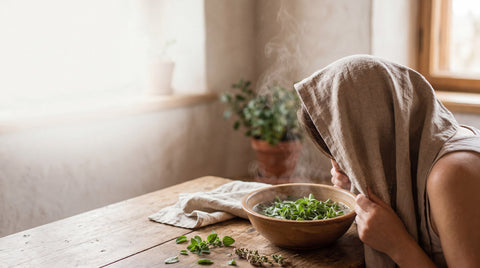 Escena natural de vahos o inhalaciones con vapor herbal, hojas de orégano y una persona sin rostro visible en un entorno de bienestar.