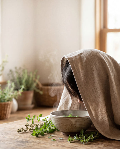 Escena botánica con vapor herbal y hojas de orégano en una composición limpia para móvil sobre vahos o inhalaciones sin rostro visible.