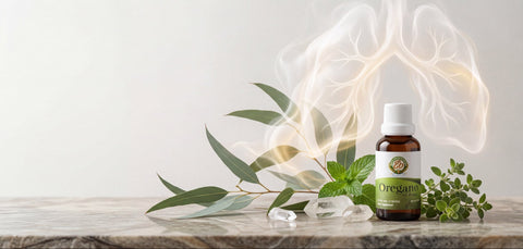 Escena botánica natural con hojas de orégano y elementos visuales que representan el bienestar respiratorio y el confort de las vías respiratorias.