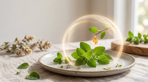 Hojas de orégano y una escena botánica elegante con un efecto visual de protección que representa la relación entre el aceite de orégano y el sistema inmunológico.